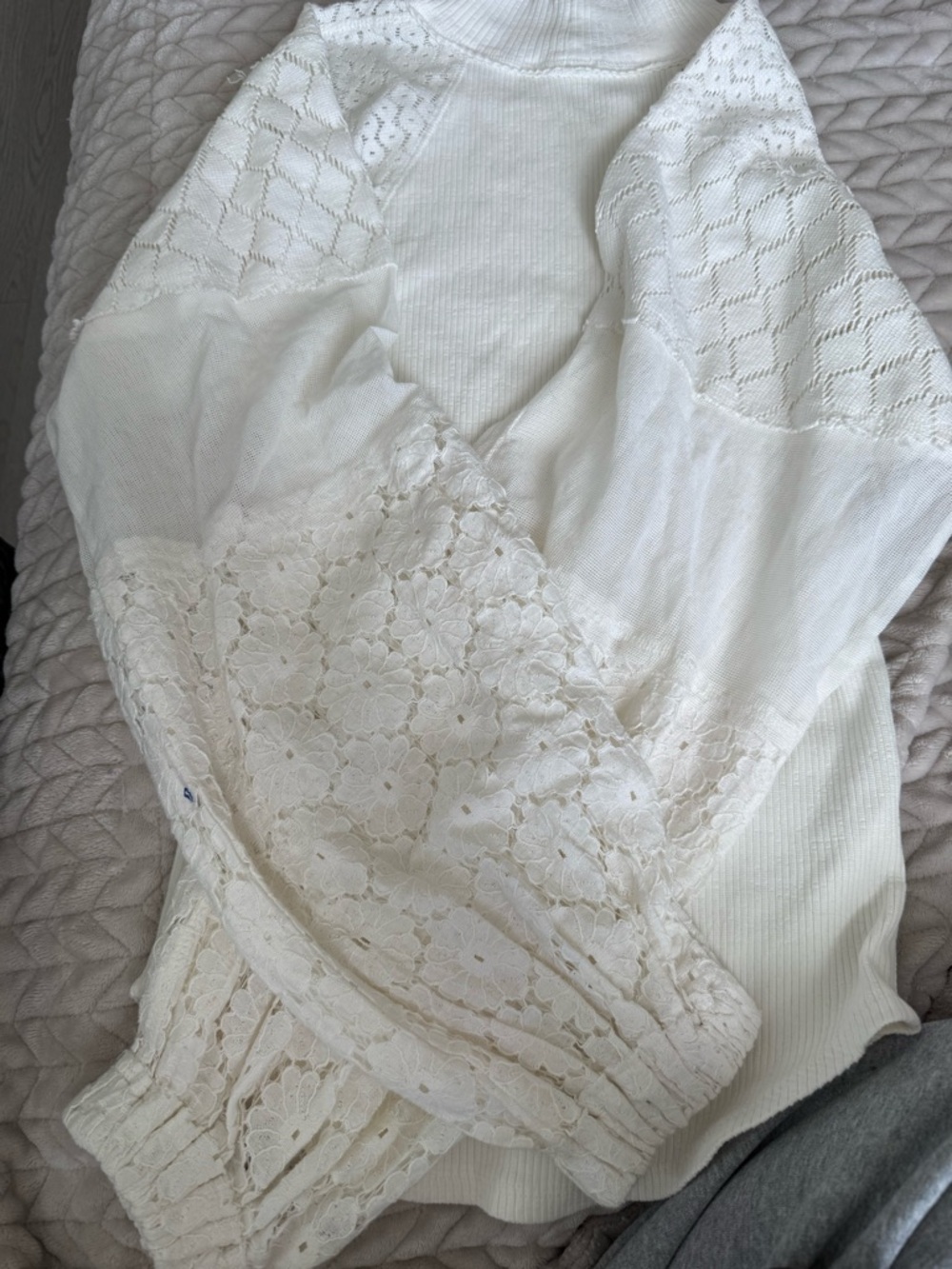 Free People Ivory Ribbed Knit Top with Lace Details
